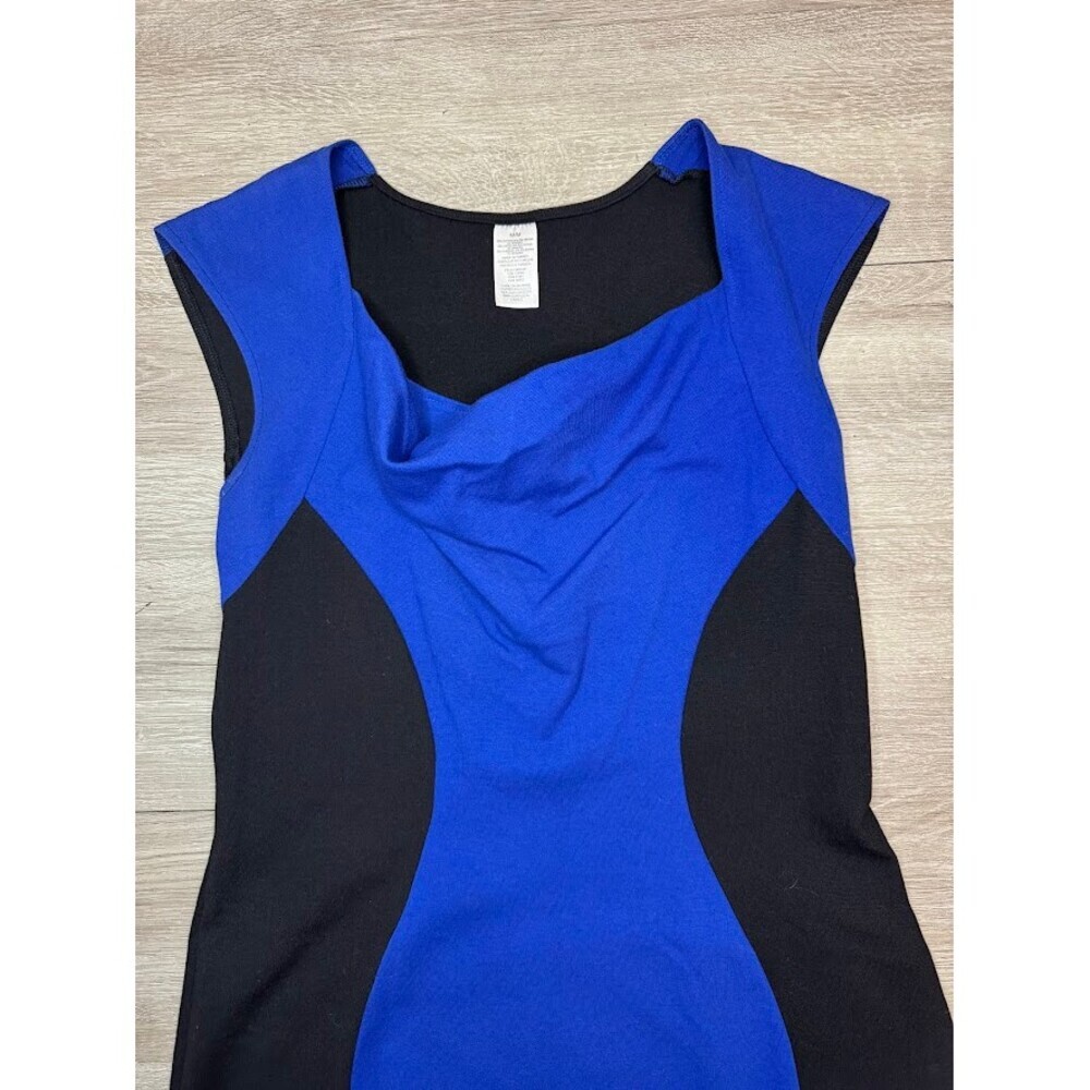 Blue Black Colorblock Sheath Midi Dress Cowl Neck Cap Sleeve Medium - Picture 2 of 4